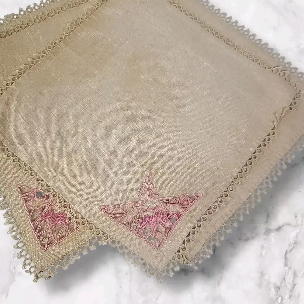 Vintage 1940s Set of 4 Cutwork Napkins with Tatted Edges Beige Pink 9